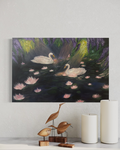 Swan Lake canvas print by Petals & Ash Studio featuring a graceful swan and elegant lake scene in soft, artistic tones.