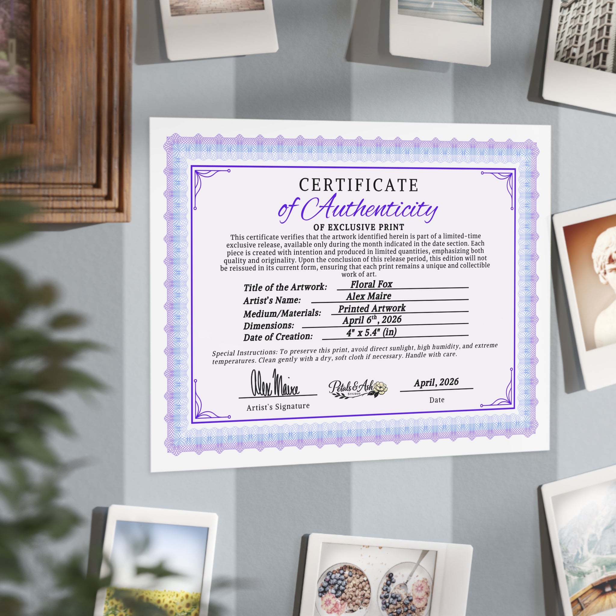 Printify floral fox certificate print on paper, featuring colorful floral and fox design suitable for framing or gifting.