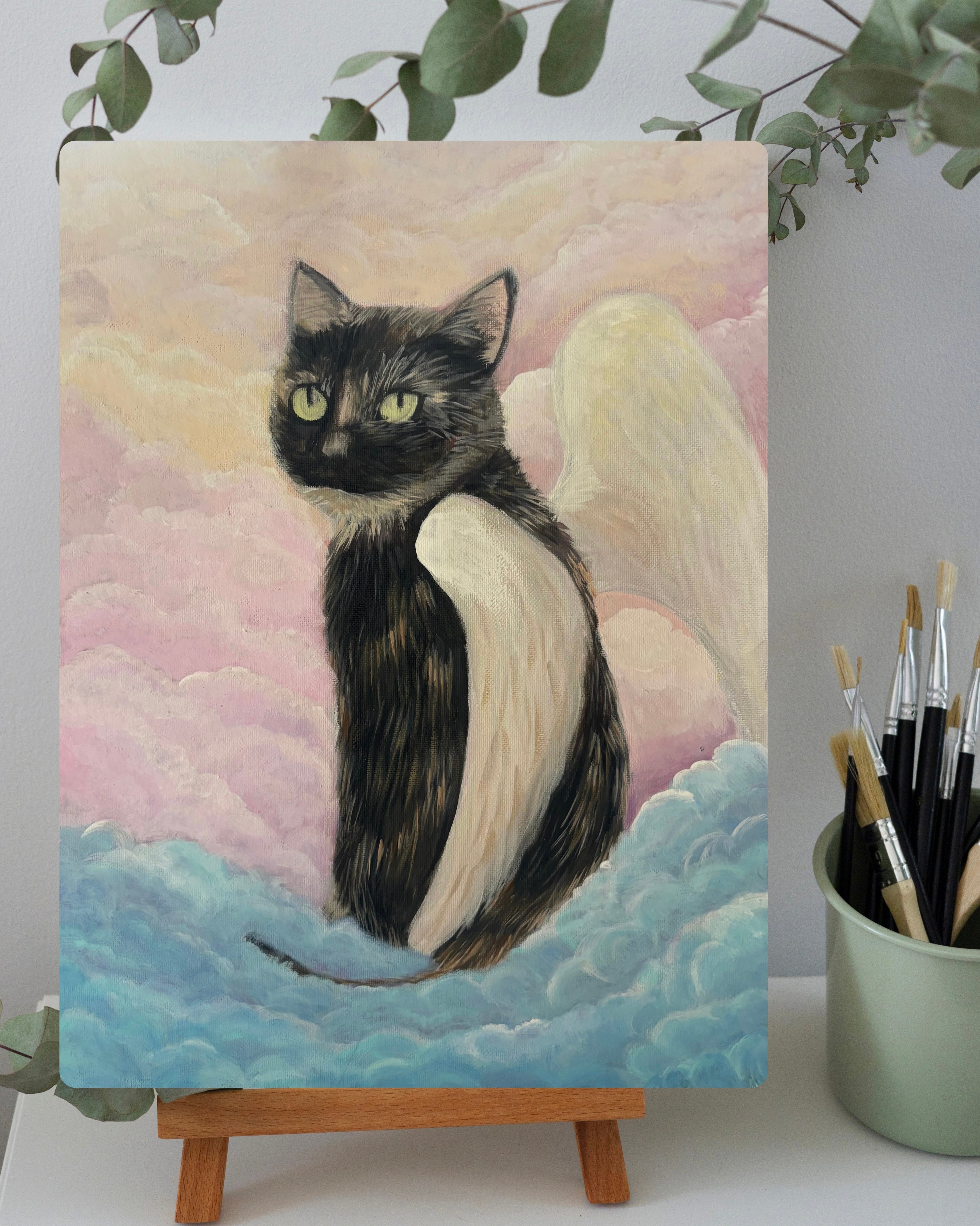Heavenly Cat canvas print by Petals & Ash Studio featuring a detailed cat illustration on textured canvas.