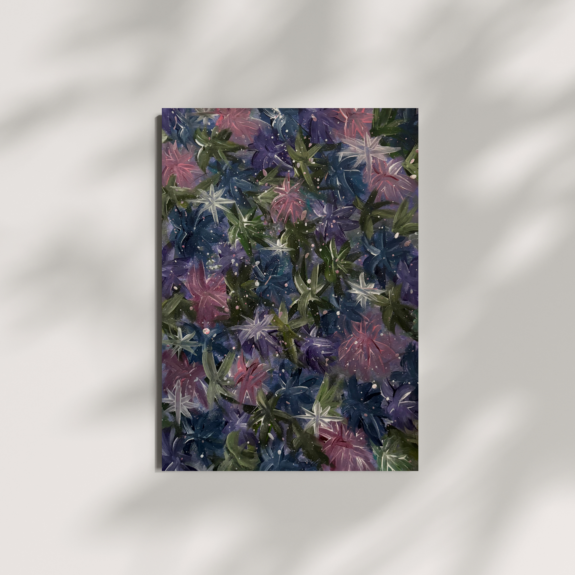 Abstract celestial floral canvas print by Petals & Ash Studio featuring vibrant, artistic floral and starry design on canvas.