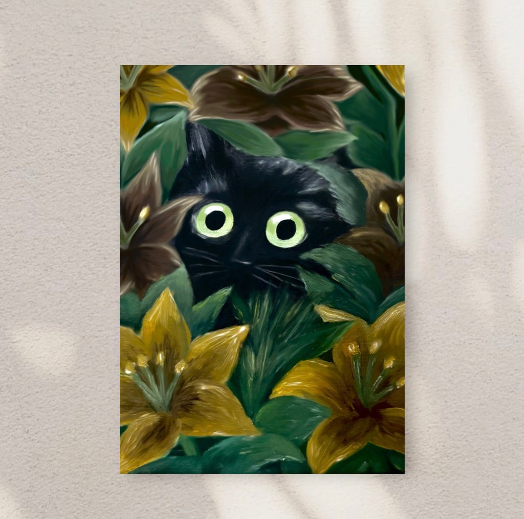 Petals and Shadow — Black Cat Floral Art Print