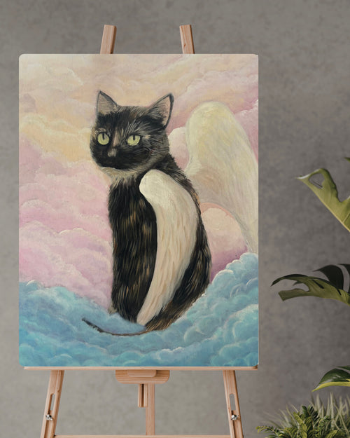 Heavenly Cat canvas print by Petals & Ash Studio, featuring a detailed, artistic depiction of a cat on a textured canvas surface.
