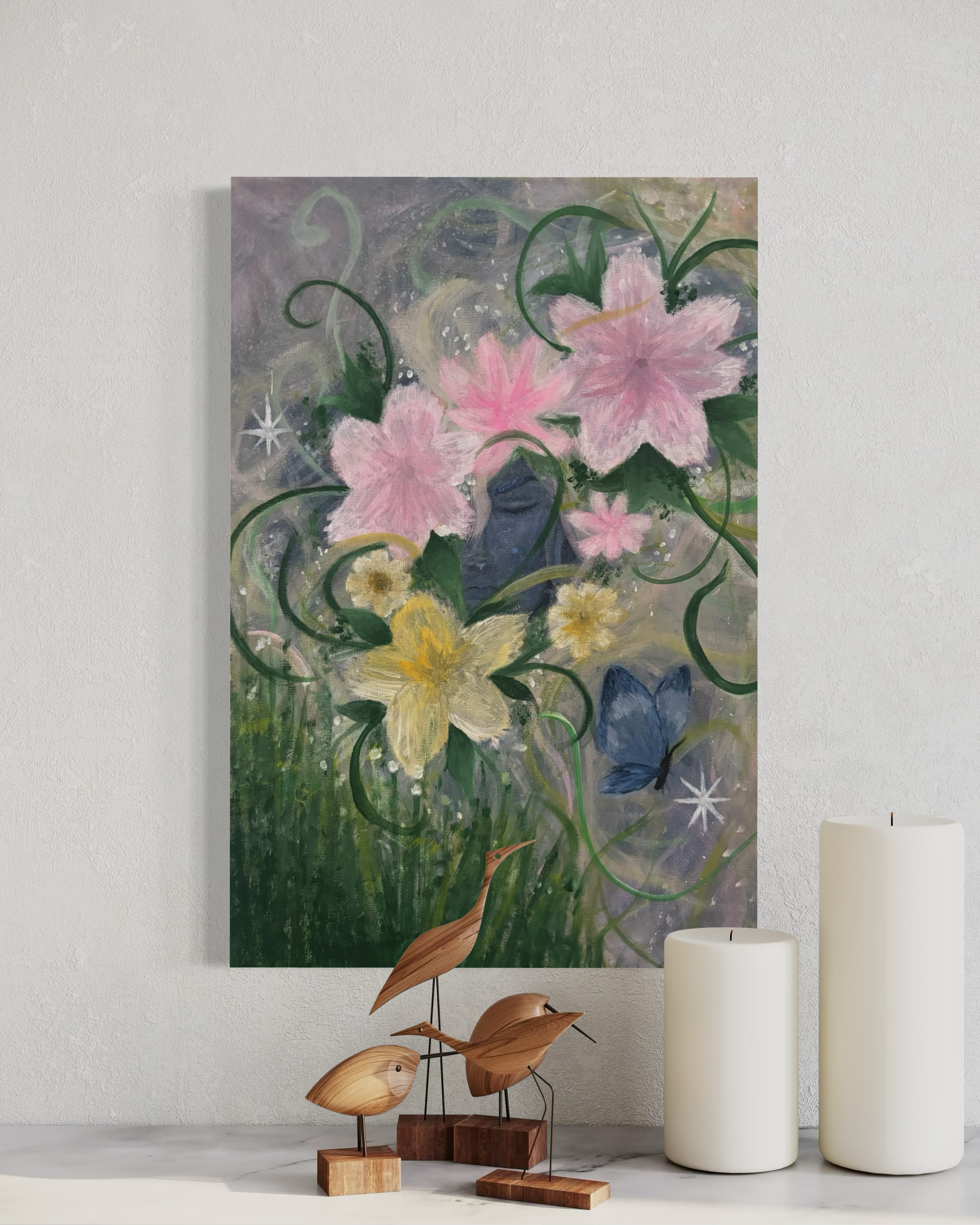 Close-up of the "Between Petals and Stars" canvas print by Petals & Ash Studio featuring a dreamy floral and starry night scene.