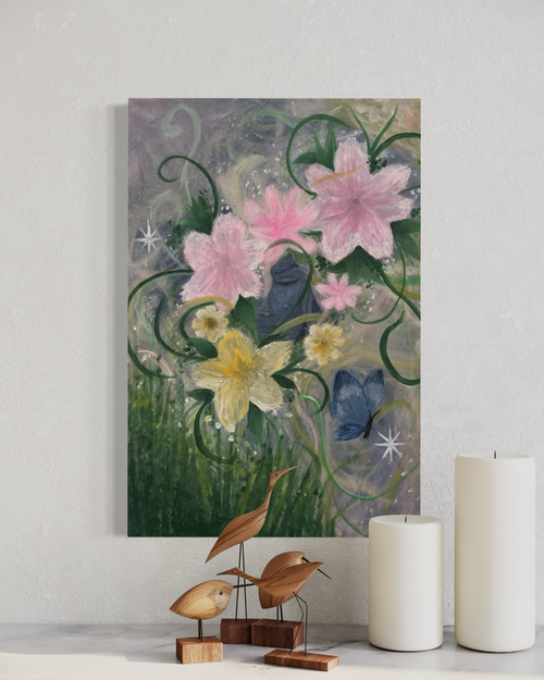 Close-up of the "Between Petals and Stars" canvas print by Petals & Ash Studio featuring a dreamy floral and starry night scene.