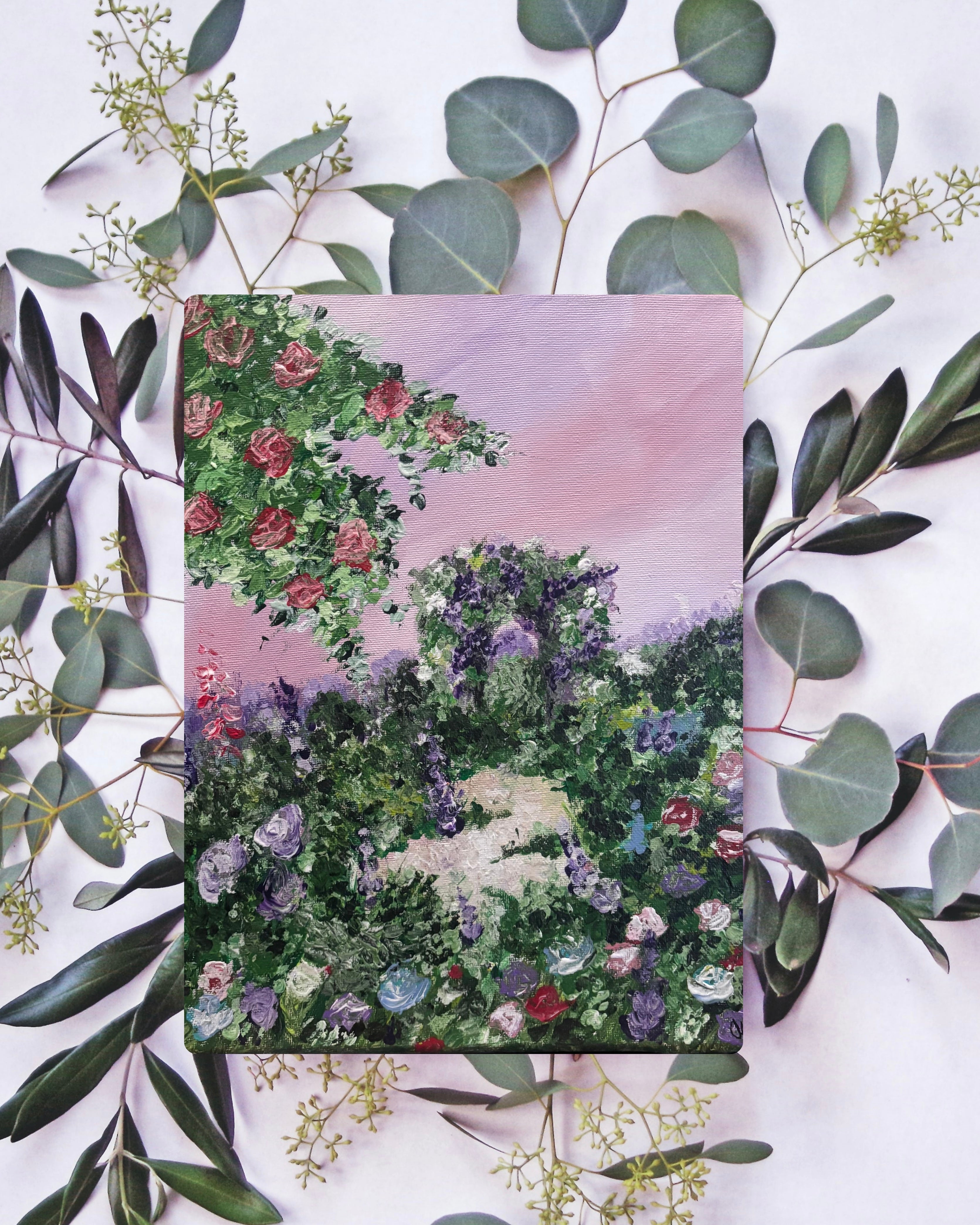 Flora in Quiet Abundance canvas print by Petals & Ash Studio showing a lush botanical design with vibrant flowers and greenery.