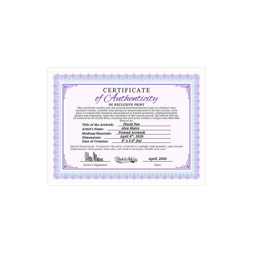 Floral fox certificate print on paper from Printify featuring colorful floral and fox illustration for wall decor.