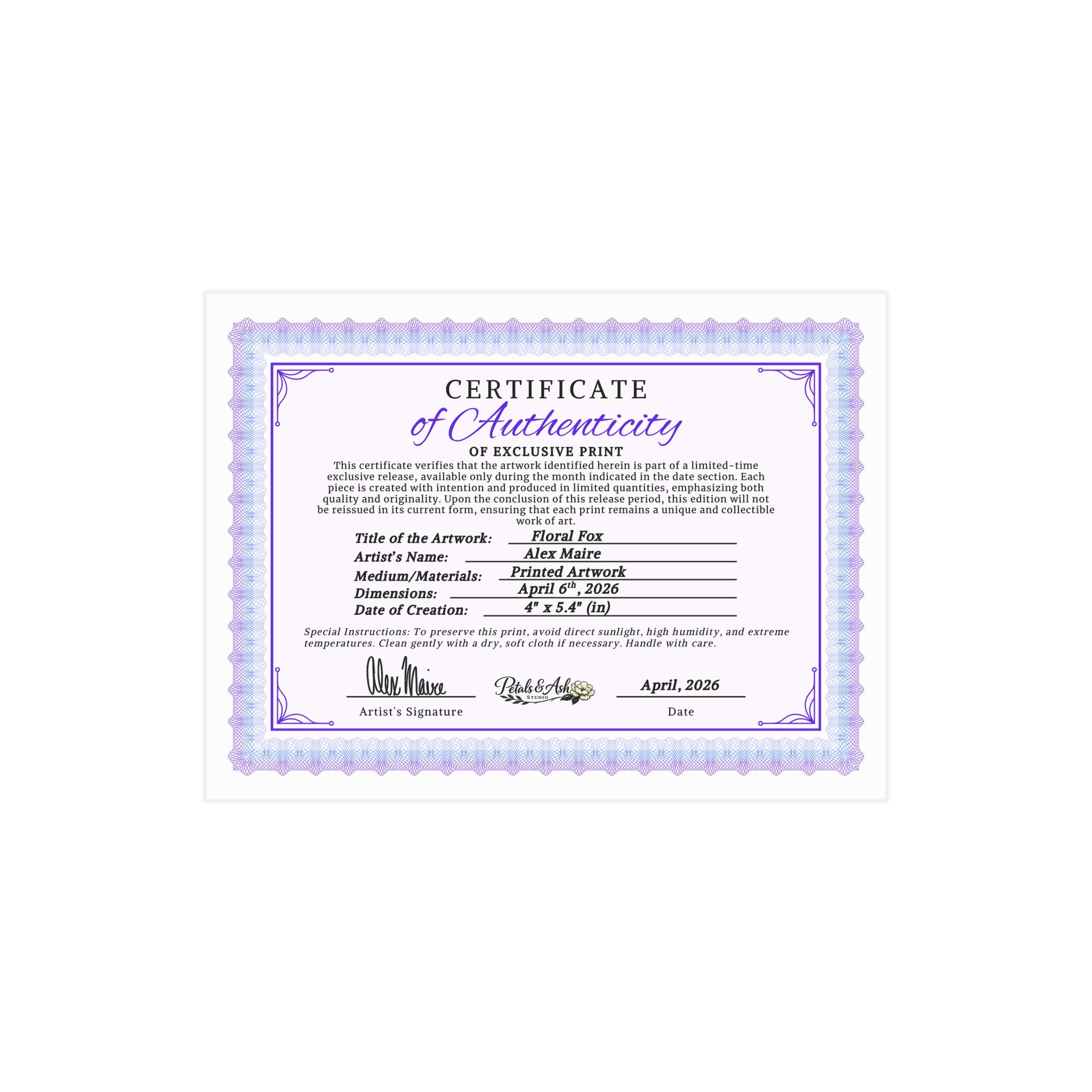 Floral fox certificate print on paper from Printify featuring colorful floral and fox illustration for wall decor.