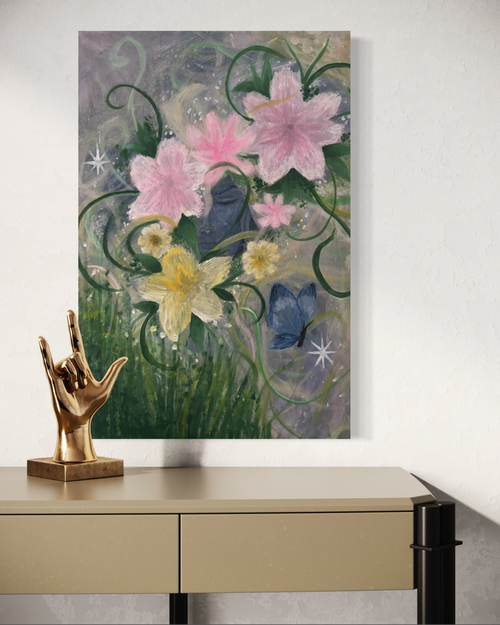 Petals & Ash Studio canvas print titled "Between Petals and Stars" featuring a vibrant, artistic floral and starry design.