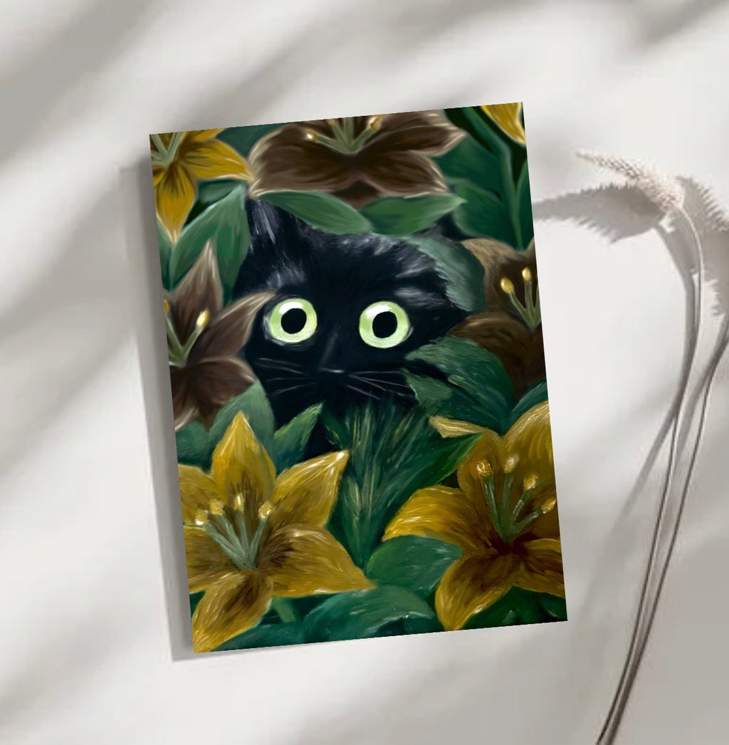 Petals and Shadow — Black Cat Floral Art Print