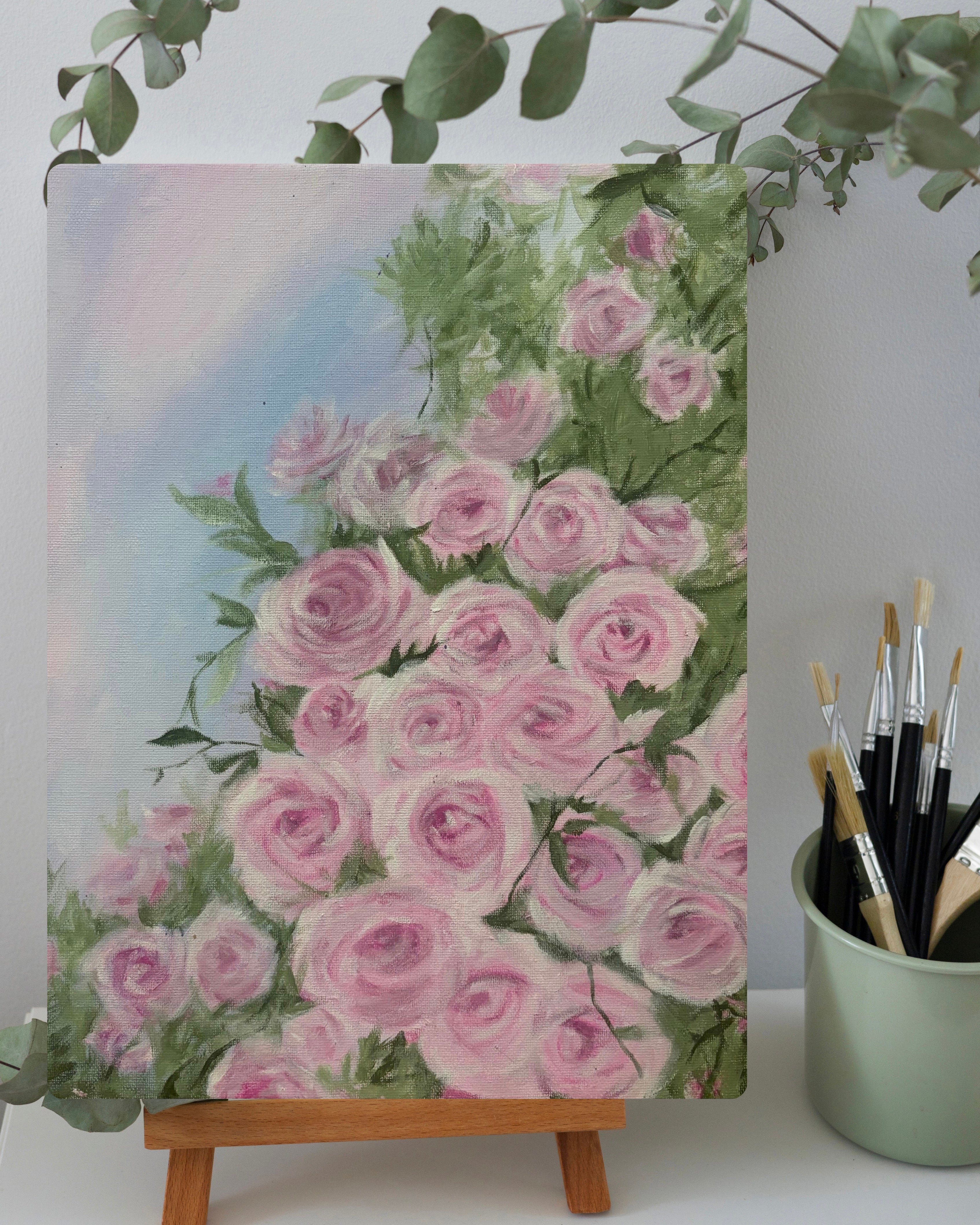 Pink roses canvas print by Petals & Ash Studio featuring a vibrant floral artwork on stretched canvas.