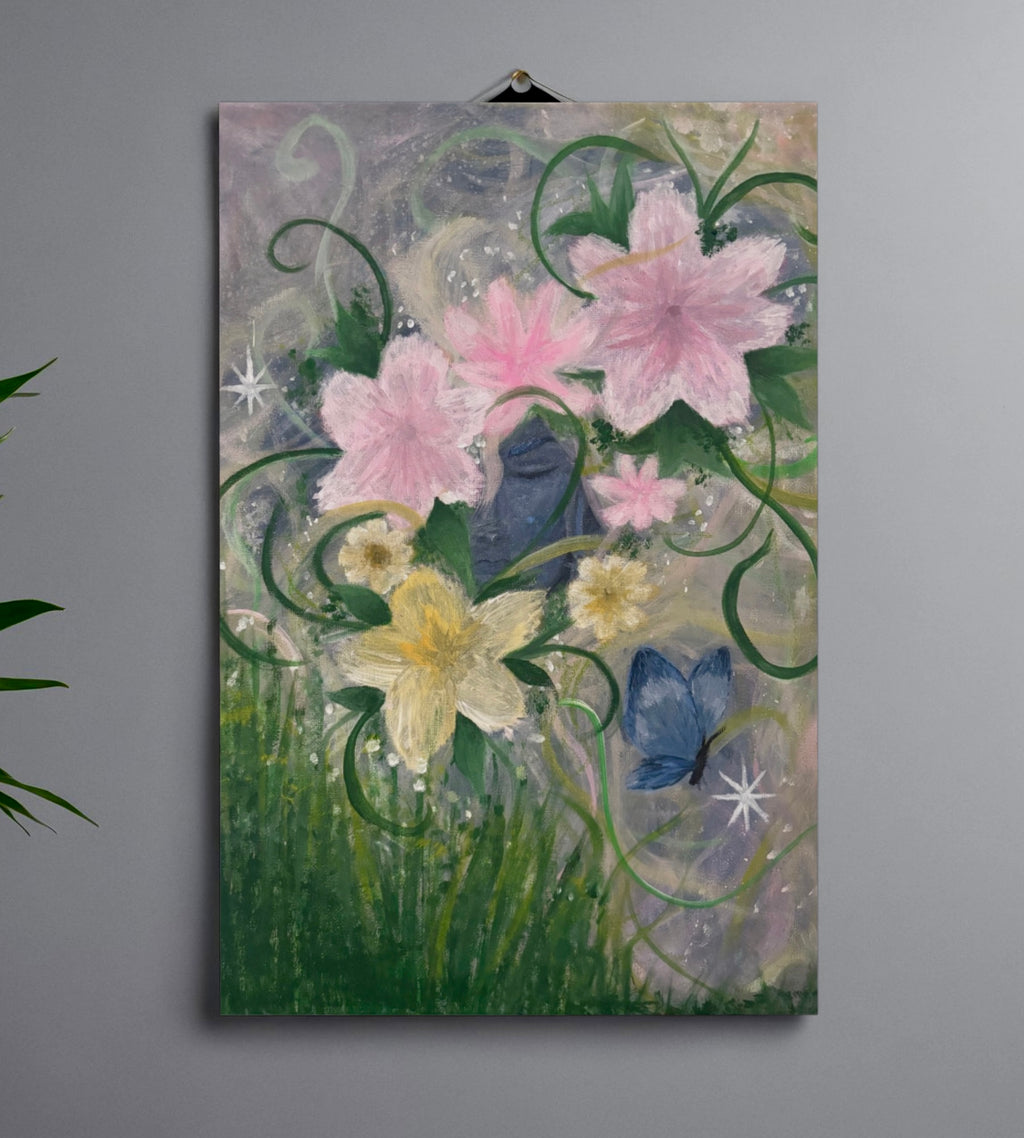 Between Petals And Stars art print poster by Petals & Ash Studio, featuring celestial and floral design elements.