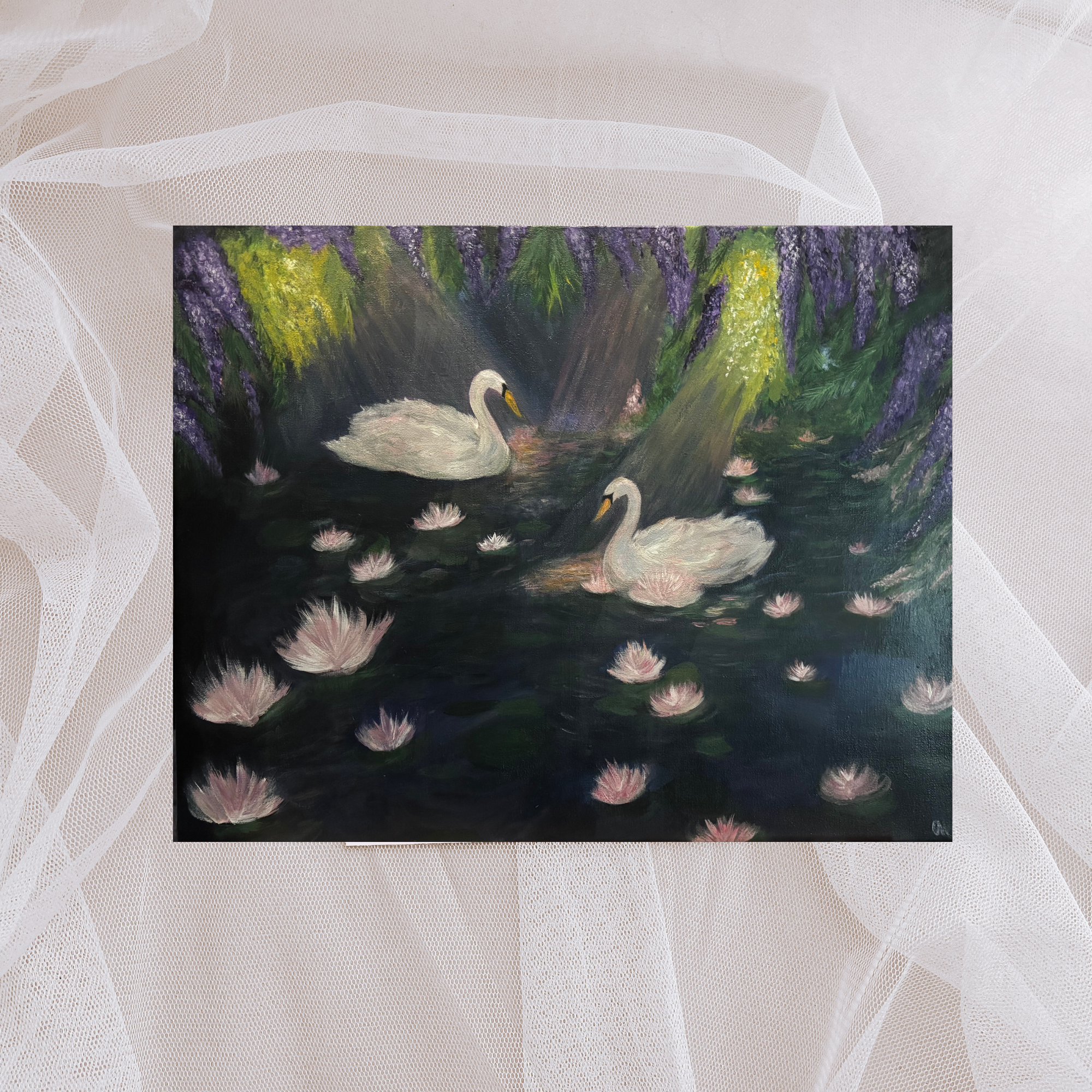 Ethereal Swan Lake poster by Petals & Ash Studio featuring a graceful swan illustration on a delicate art print.