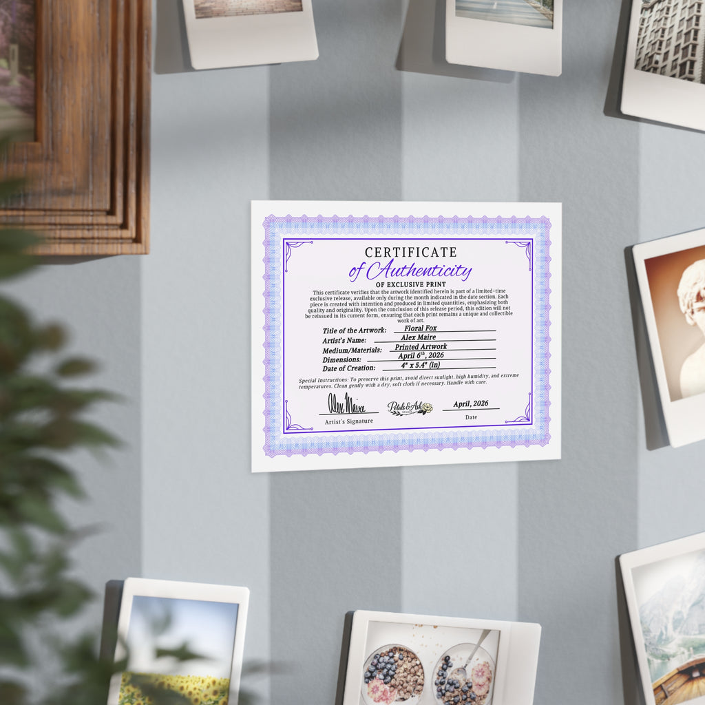 Floral fox certificate print on paper by Printify featuring vibrant floral and fox design, suitable for framing or gifting.