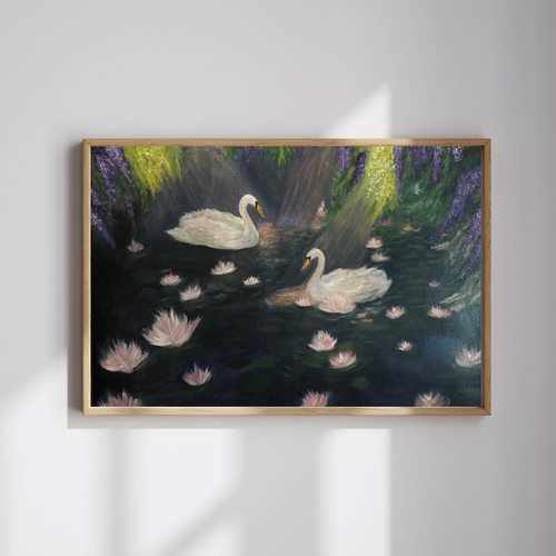 Ethereal Swan Lake poster by Petals & Ash Studio featuring a graceful swan and delicate floral design on a white background.