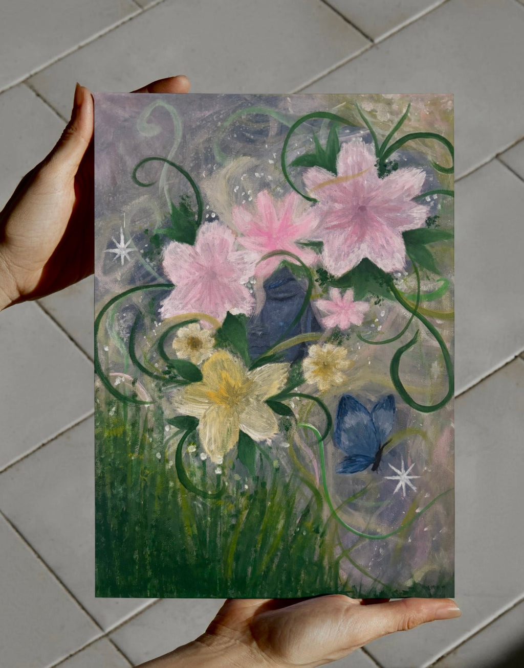 Decorative art print poster titled "Between Petals And Stars" by Petals & Ash Studio featuring a dreamy floral and starry design.