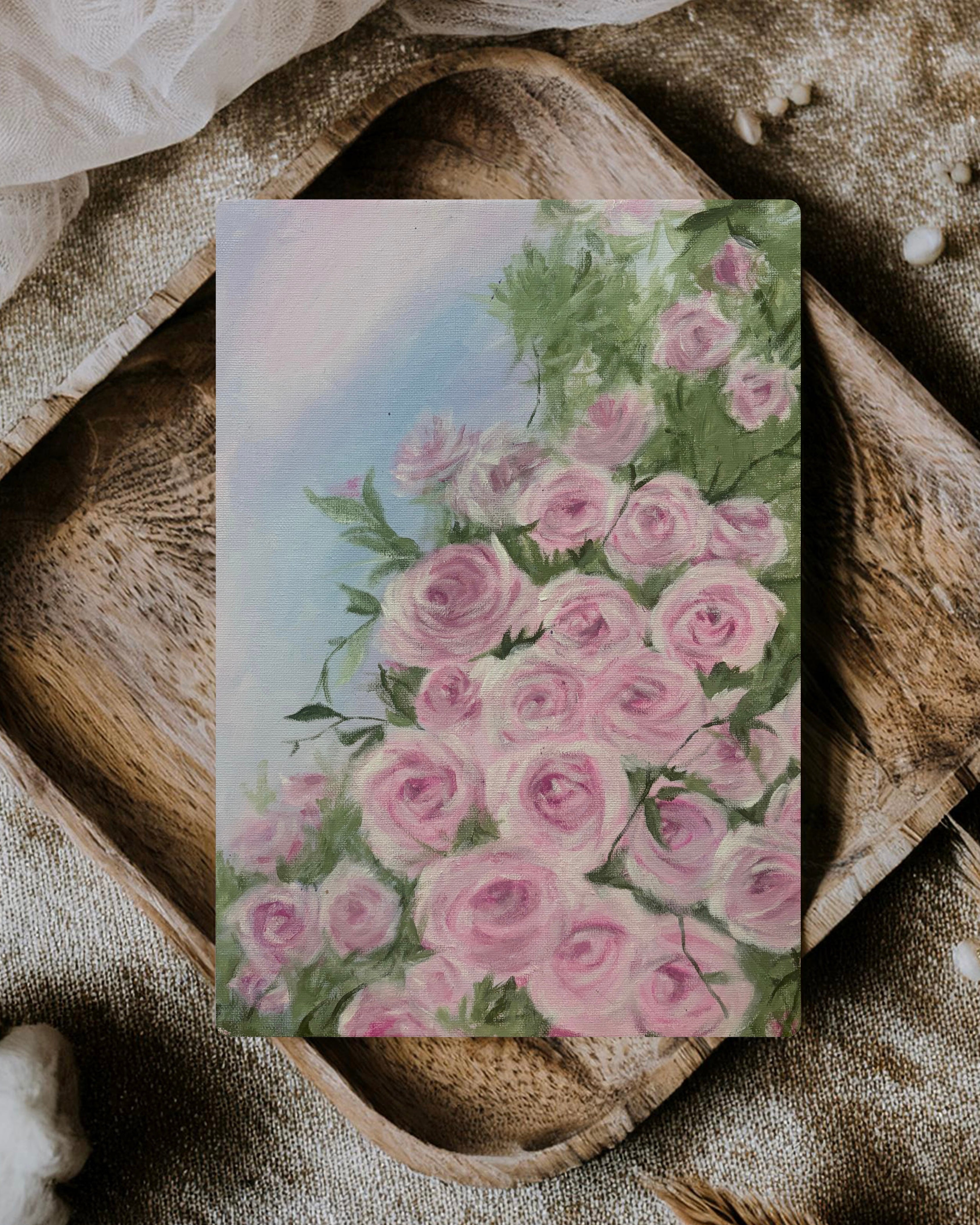 Pink rose poster print from Petals & Ash Studio featuring a vibrant, detailed floral design on high-quality paper.
