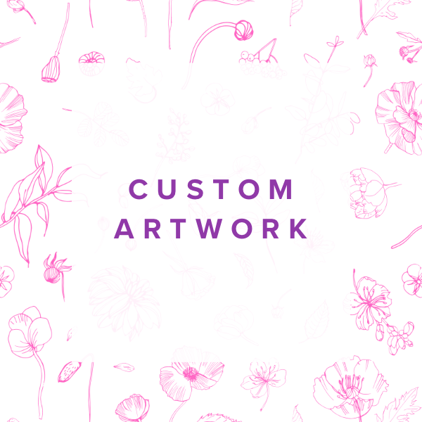 Close-up of a custom blue flower artwork printable label by Petals & Ash Studio, featuring intricate floral design.