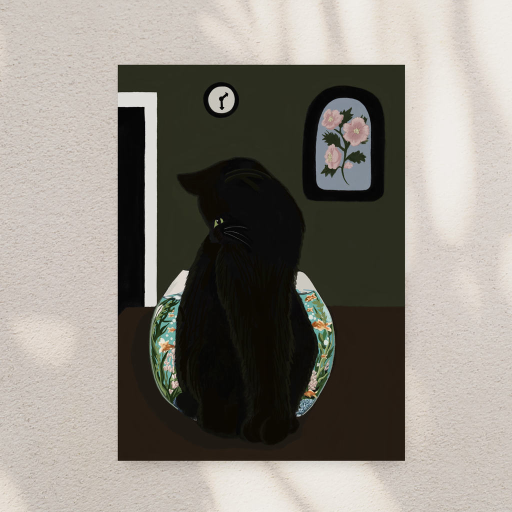 Black cat art print titled "Glass Between Us" by Petals & Ash Studio, featuring a detailed black cat illustration on paper.
