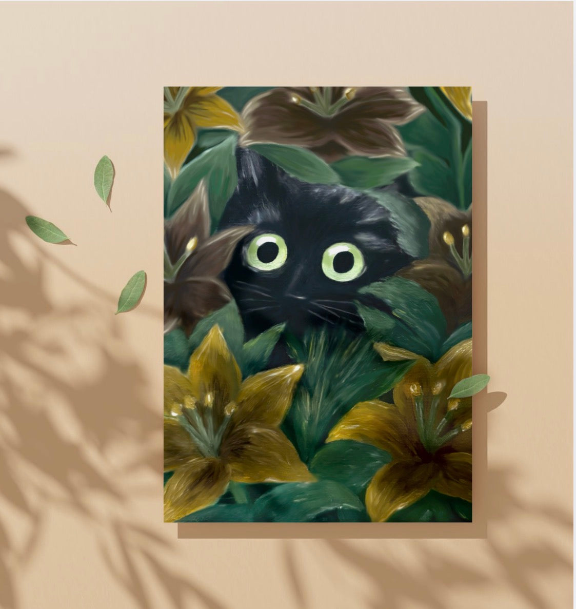 Petals and Shadow — Black Cat Floral Art Print