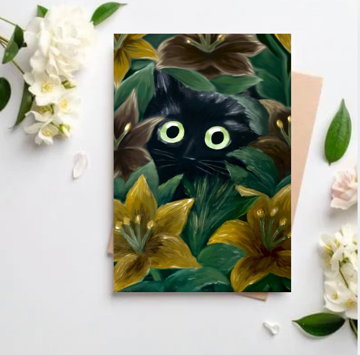 Petals and Shadow — Black Cat Floral Art Print