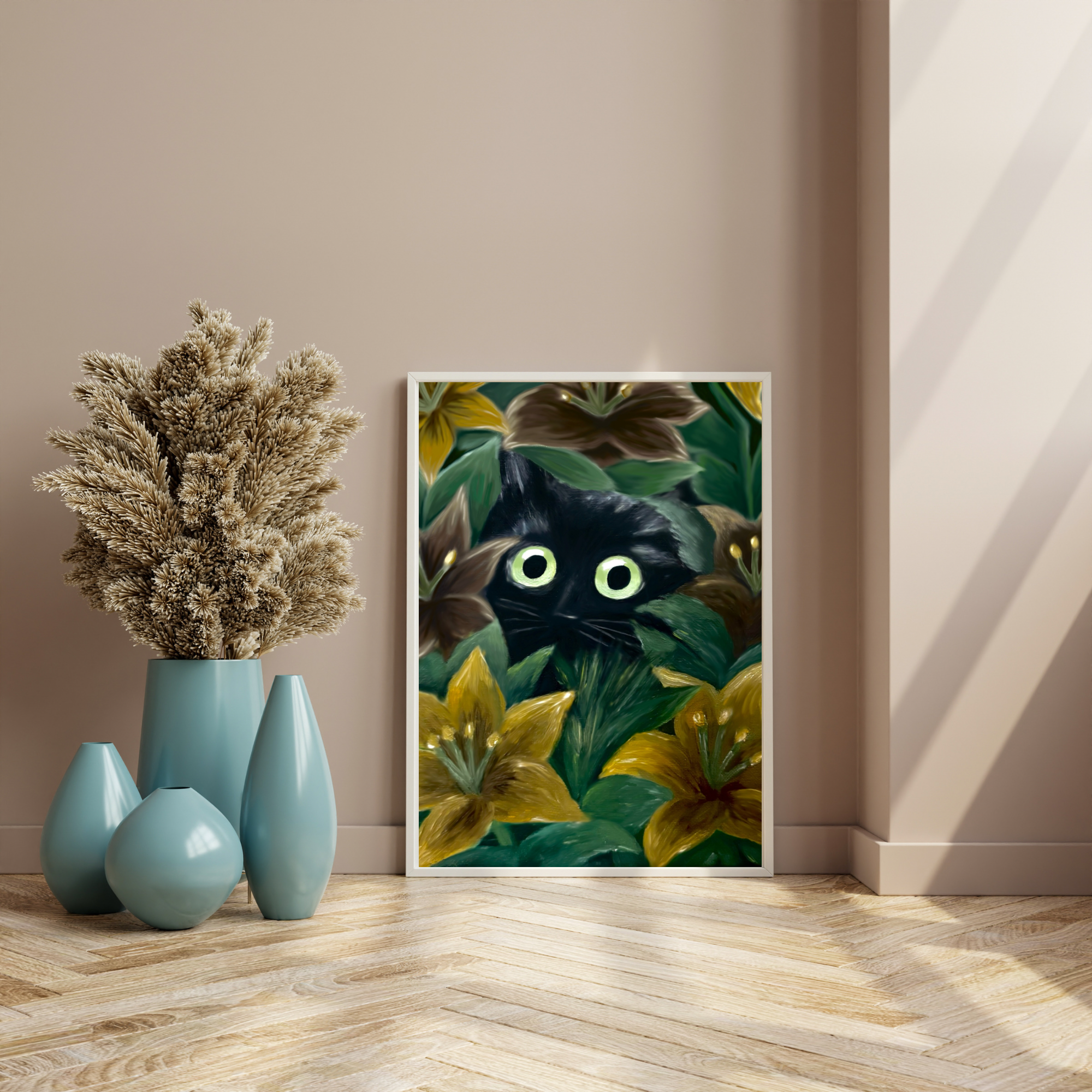 Petals and Shadow — Black Cat Floral Art Print