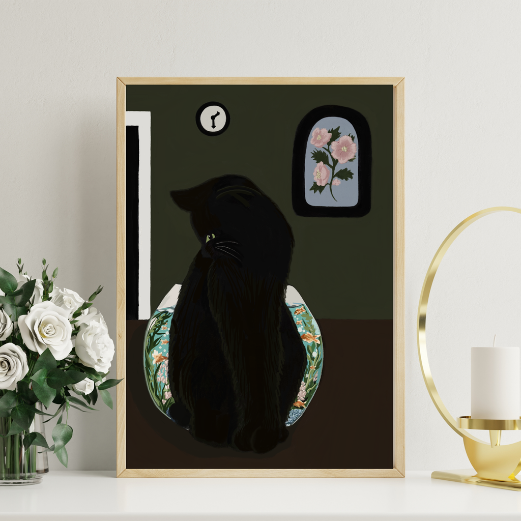 Black cat art print titled "Glass Between Us" by Petals & Ash Studio featuring a striking black feline illustration.