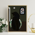Black cat art print titled "Glass Between Us" by Petals & Ash Studio featuring a striking black feline illustration.