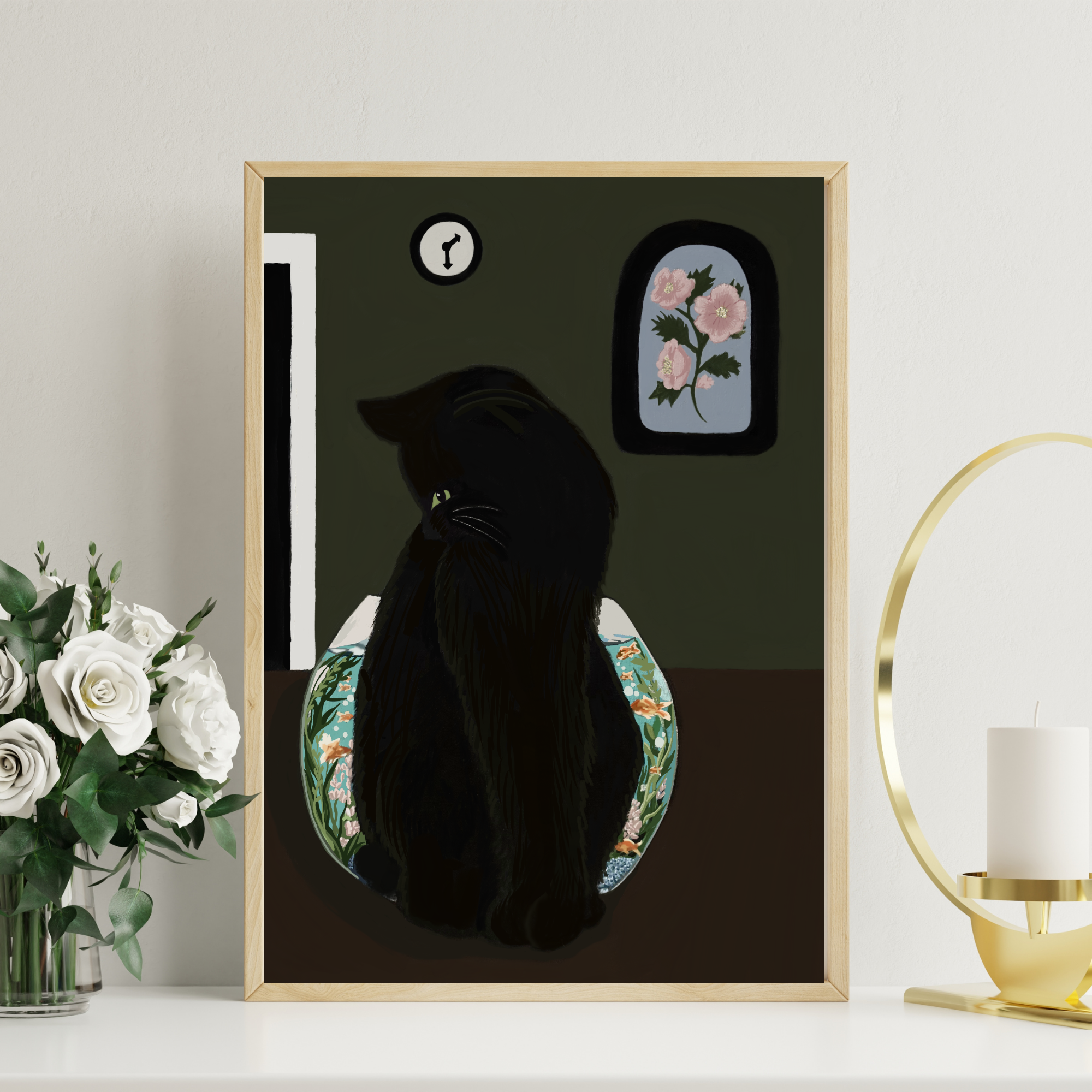 Black cat art print titled "Glass Between Us" by Petals & Ash Studio featuring a striking black feline illustration.