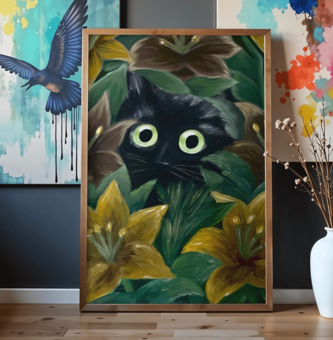 Petals and Shadow — Black Cat Floral Art Print