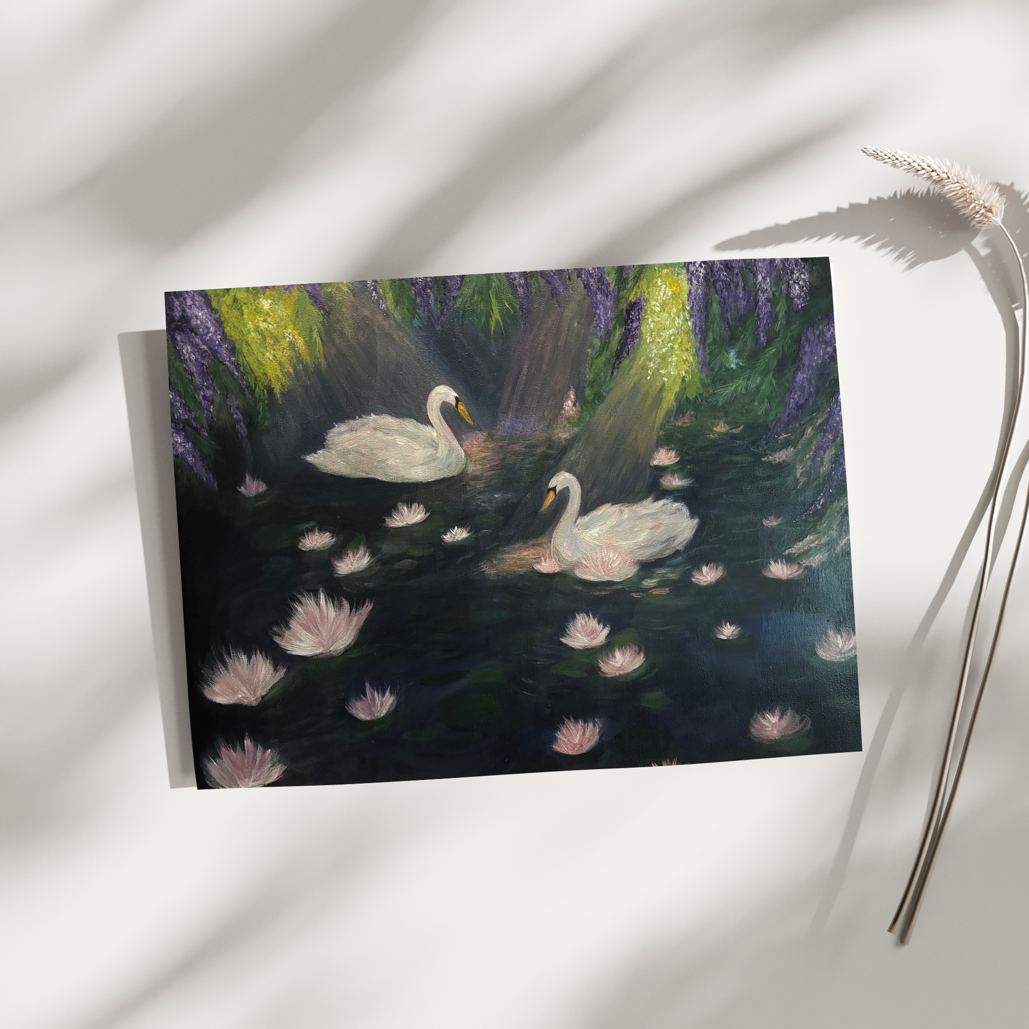 Ethereal Swan Lake poster by Petals & Ash Studio featuring a graceful swan illustration on a serene background.