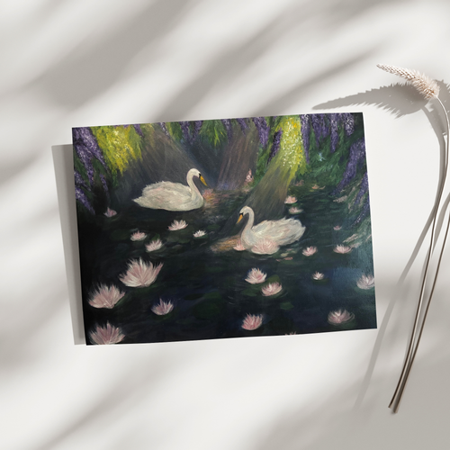 Ethereal Swan Lake poster by Petals & Ash Studio featuring a graceful swan illustration on a serene background.