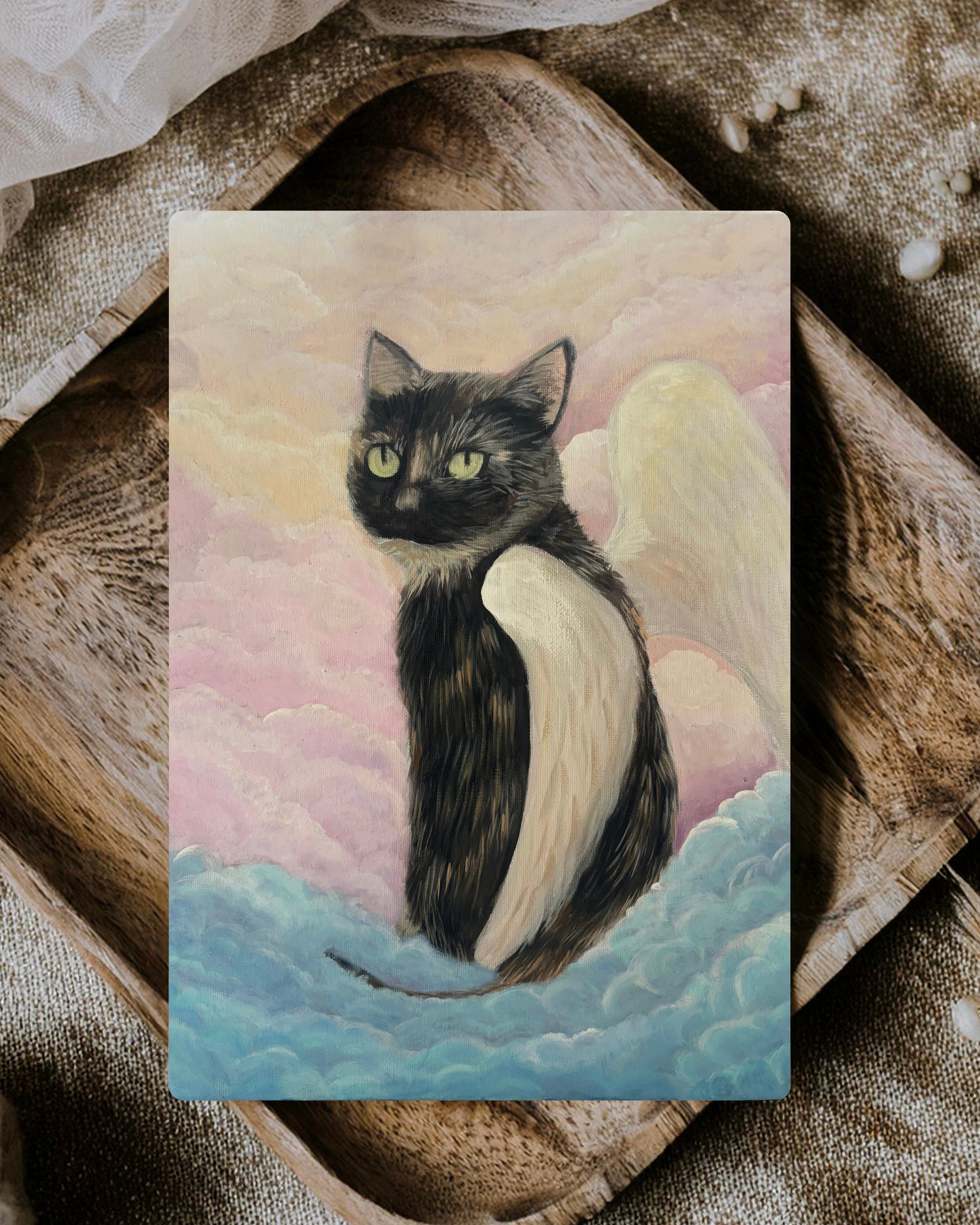 Heavenly Cat Poster print by Petals & Ash Studio, featuring a detailed illustration of a serene cat in soft colors.