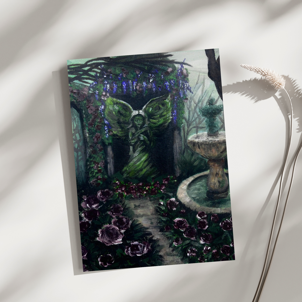 Angel in a Dark Place art print by Petals & Ash Studio featuring a celestial angel with dark, moody tones and intricate details.
