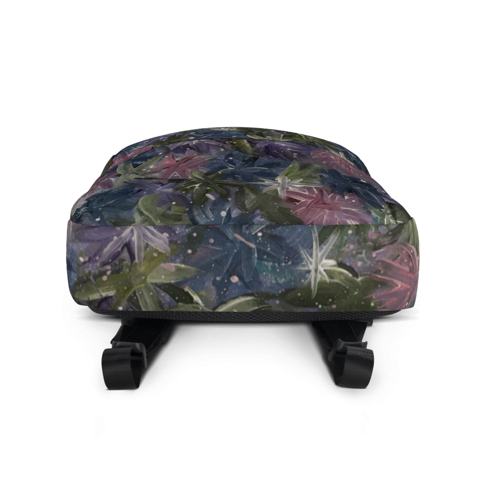 Abstract celestial floral art backpack featuring vibrant all-over print on a white background by Petals & Ash Studio.