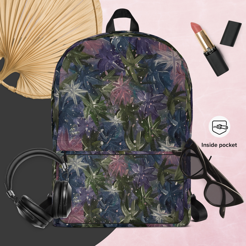 White abstract celestial floral art backpack with all-over print from Petals & Ash Studio, featuring vibrant celestial and floral designs.