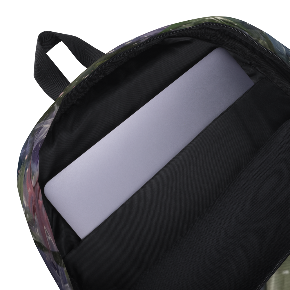 Abstract celestial floral art backpack by Petals & Ash Studio featuring an all-over print on white fabric, durable and stylish.