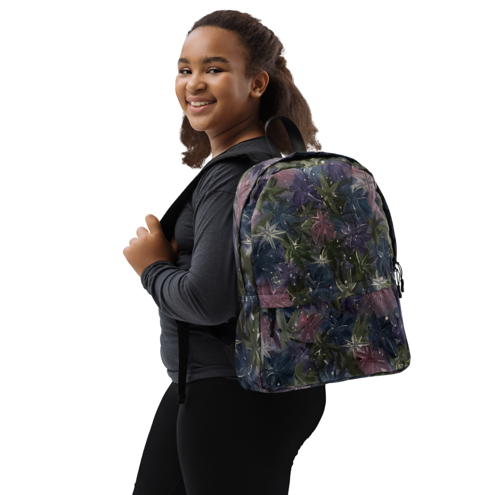 Petals & Ash Studio abstract celestial floral art backpack featuring all-over print in white, with vibrant cosmic and floral design.