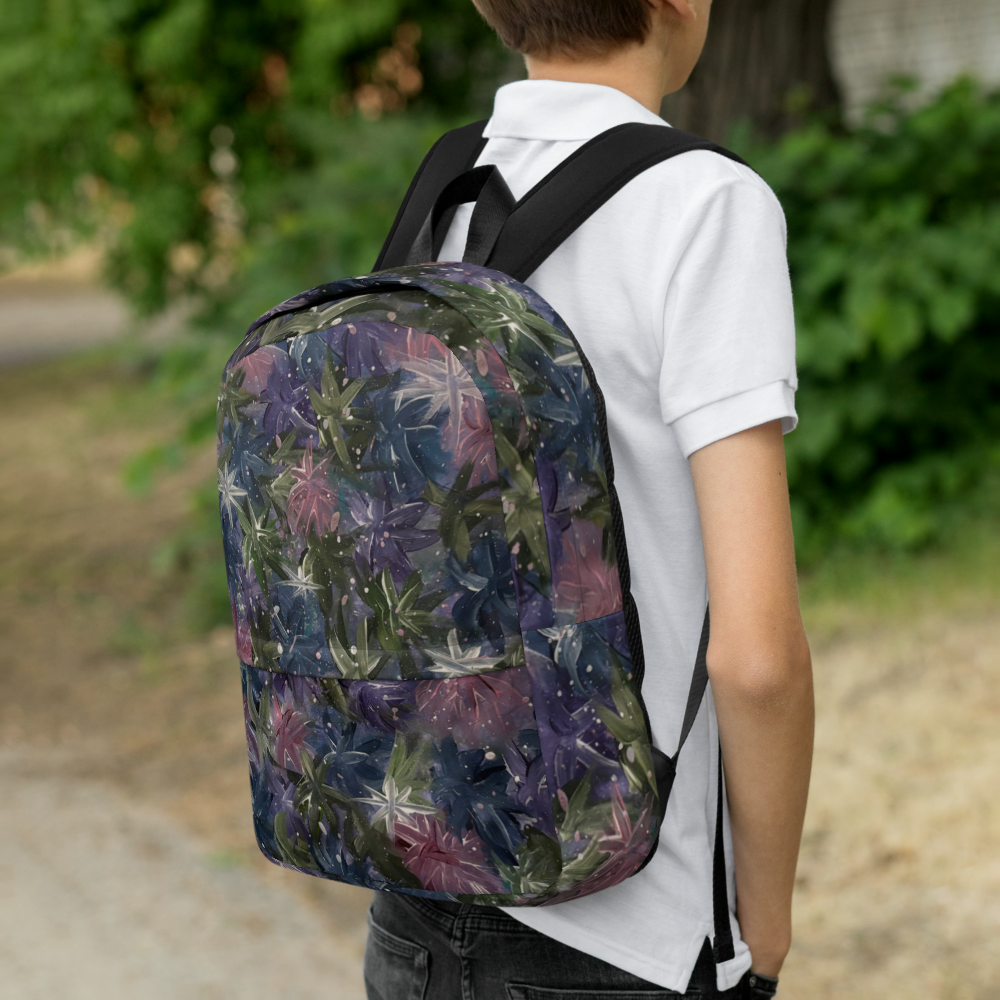 Abstract celestial floral art backpack by Petals & Ash Studio, white cut-sew bag with all-over celestial and floral print.