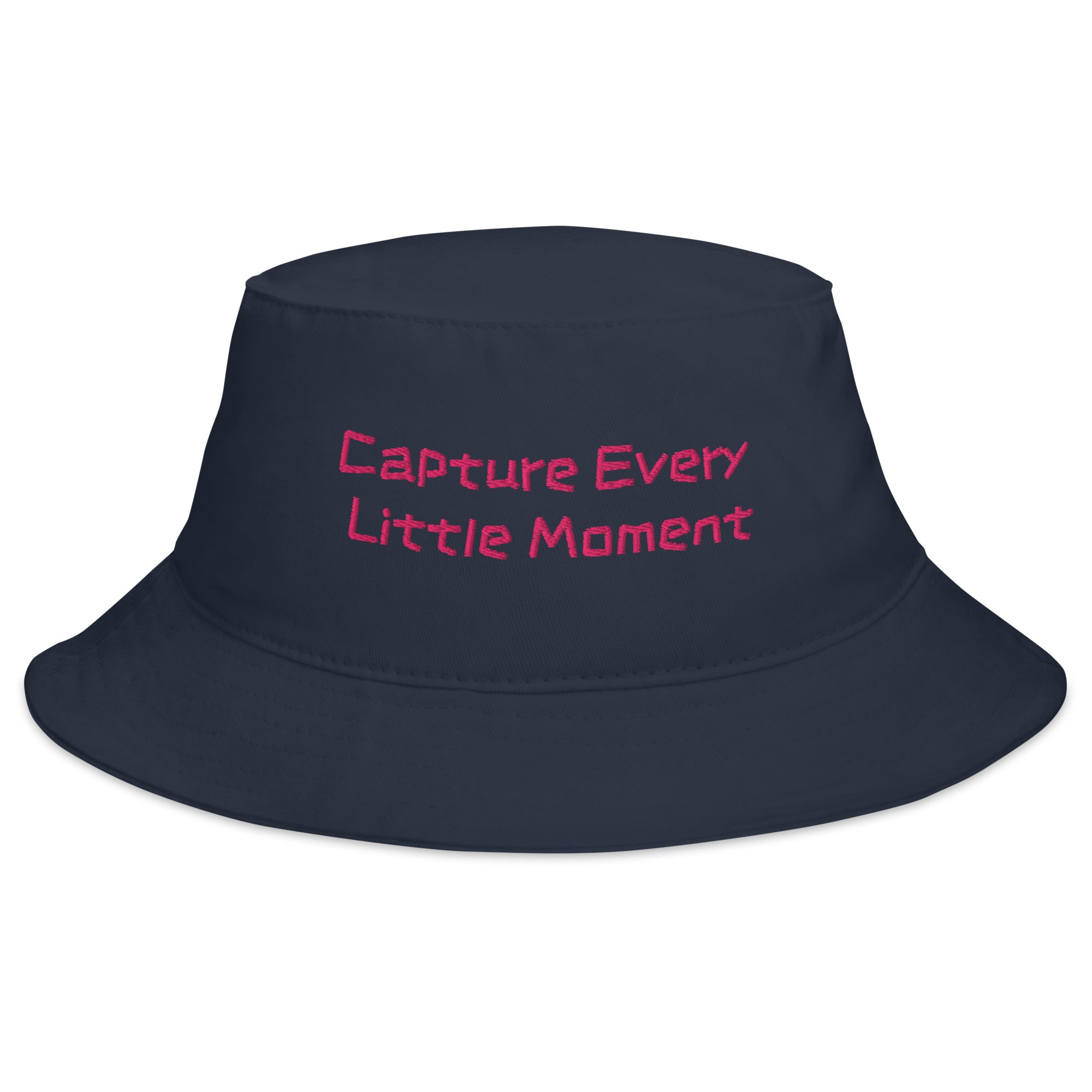 Navy bucket hat with "Capture Every Little Moment" embroidered text, casual style, by Petals & Ash Studio.