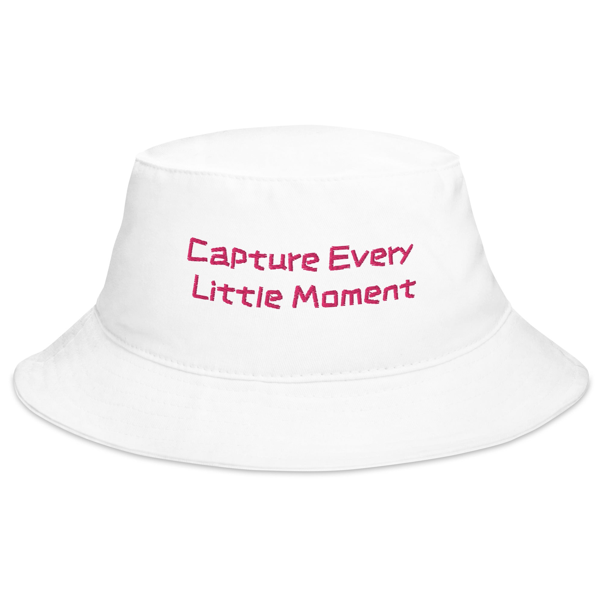 White bucket hat from Petals & Ash Studio with "Capture Every Little Moment" print, casual accessory for outdoor wear.