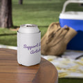 White 12 oz can cooler featuring "Support Local Artists" text from Petals & Ash Studio, designed to keep beverages cold.