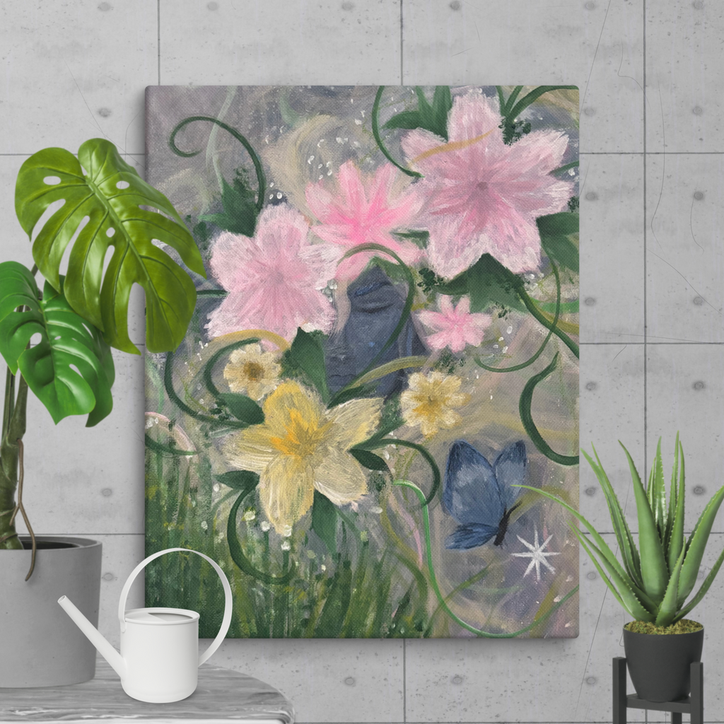 11x14 canvas print titled "Between Petals and Stars" by Petals & Ash Studio featuring a floral and starry night design.