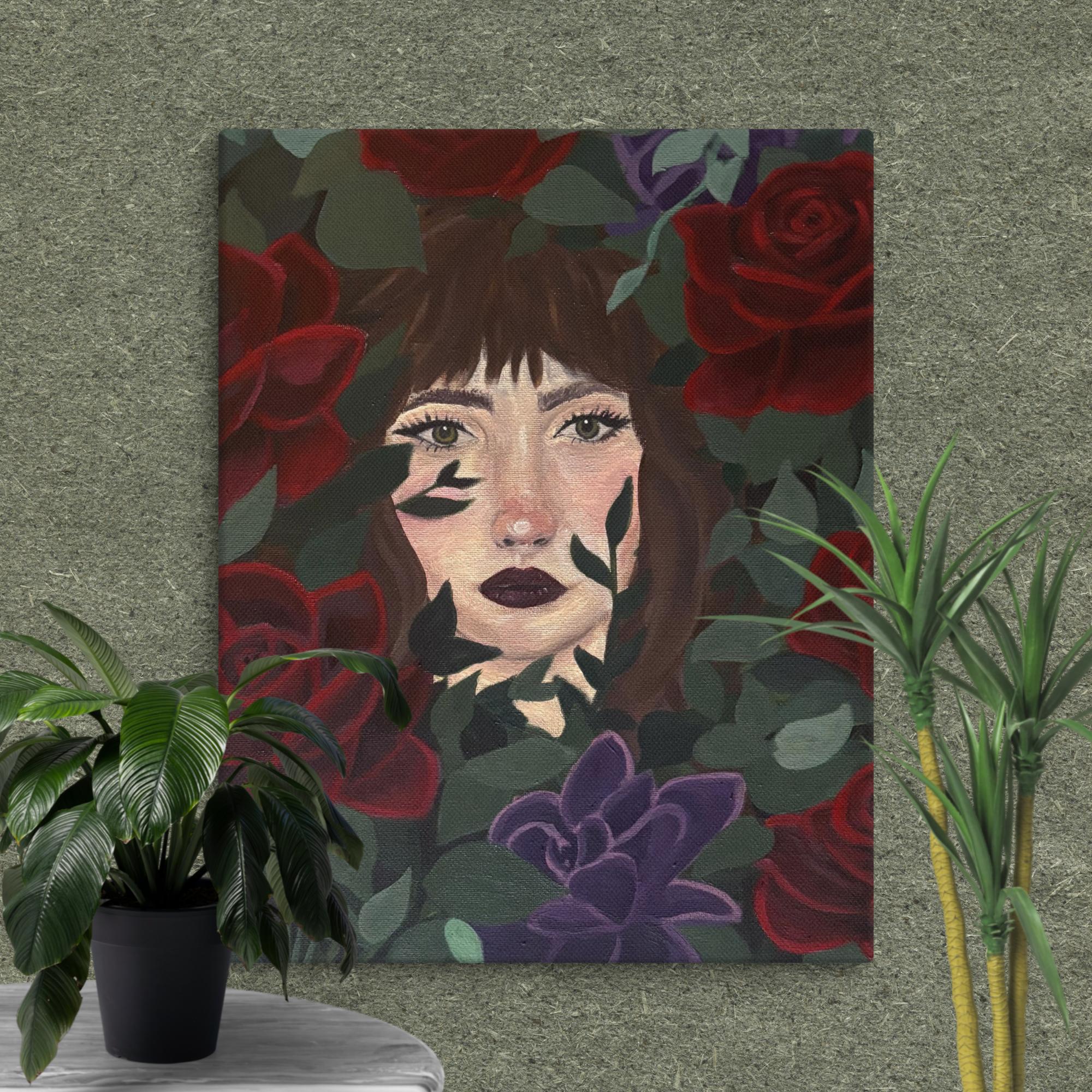 11x14 canvas print of a face in colorful flowers by Petals & Ash Studio, wall art with vibrant floral design.