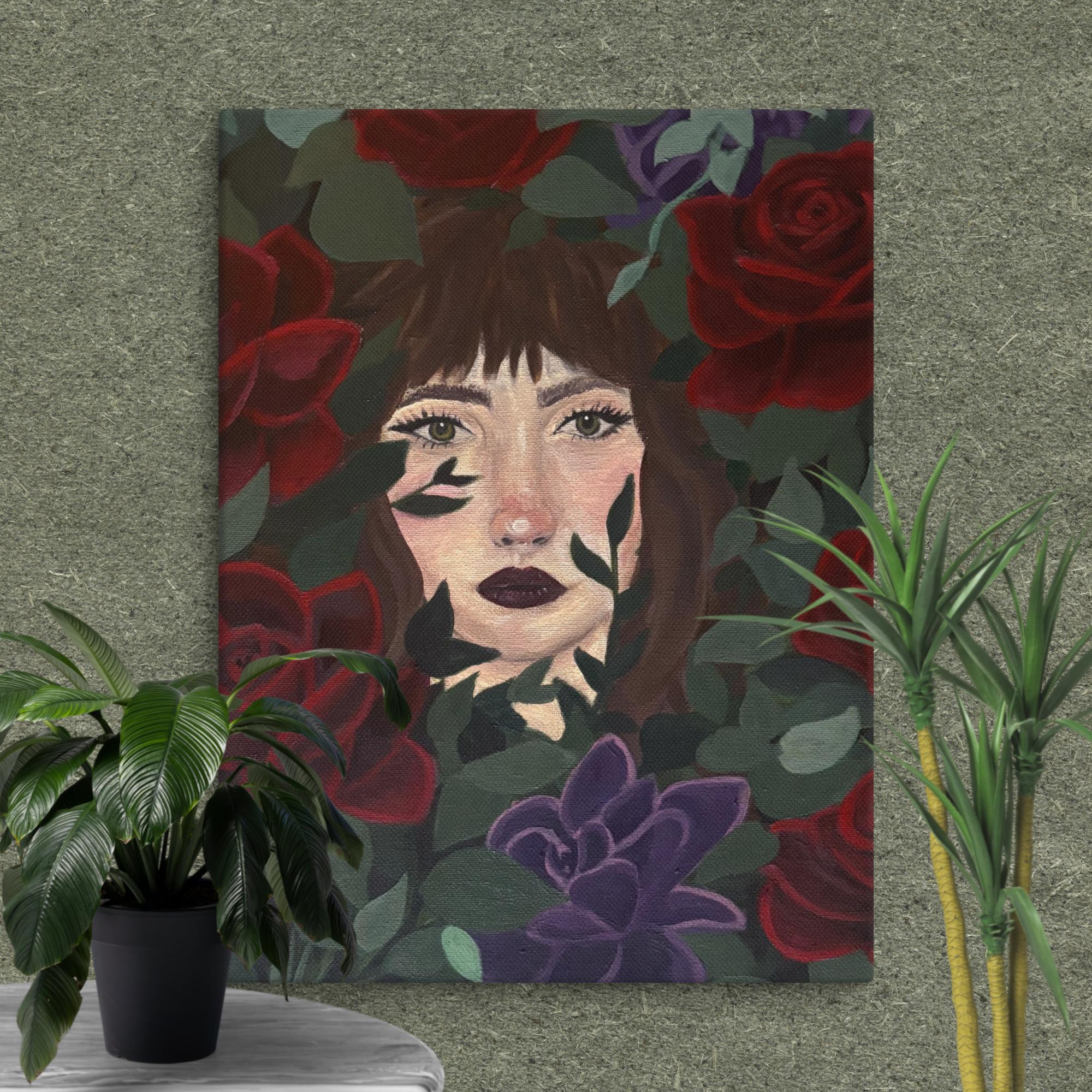 Canvas poster print of a face hidden in colorful flowers by Petals & Ash Studio, 12x16 inches wall art.
