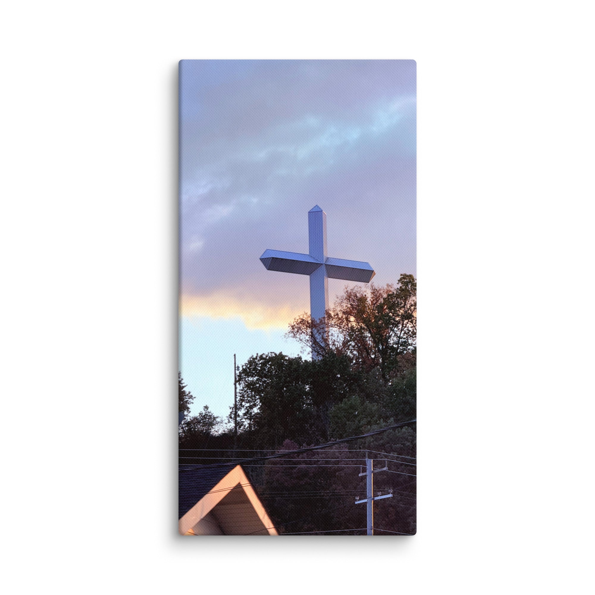 Decorative church cross canvas print by Petals & Ash Studio, 12x24 inch wall art featuring religious Christian imagery.