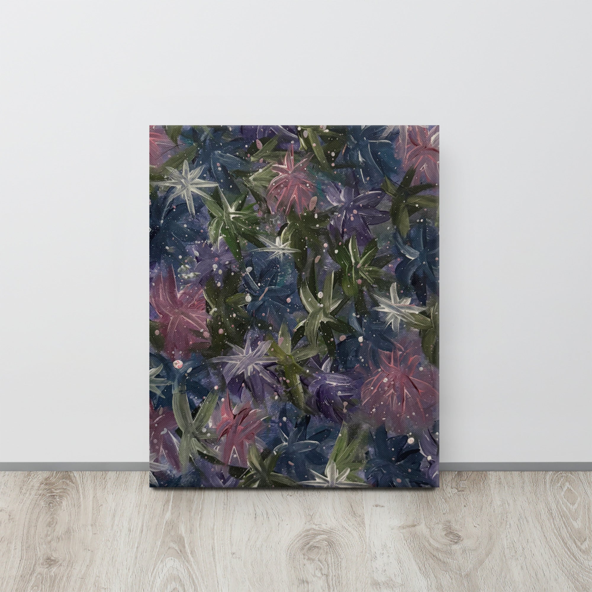 Abstract celestial floral canvas print by Petals & Ash Studio featuring vibrant colors and intricate floral and starry designs.
