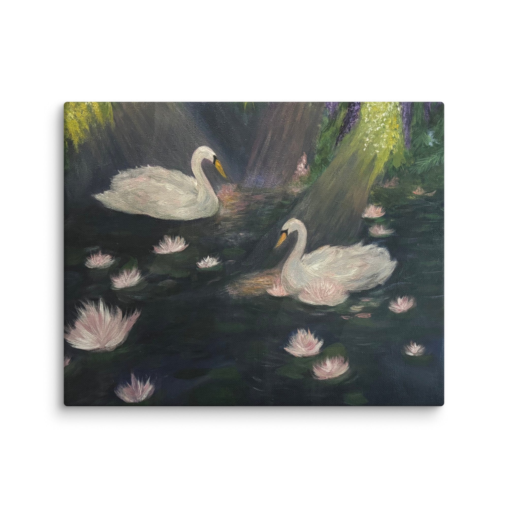 Swan Lake canvas print by Petals & Ash Studio, 16x20-inch wall art featuring a graceful swan on water.