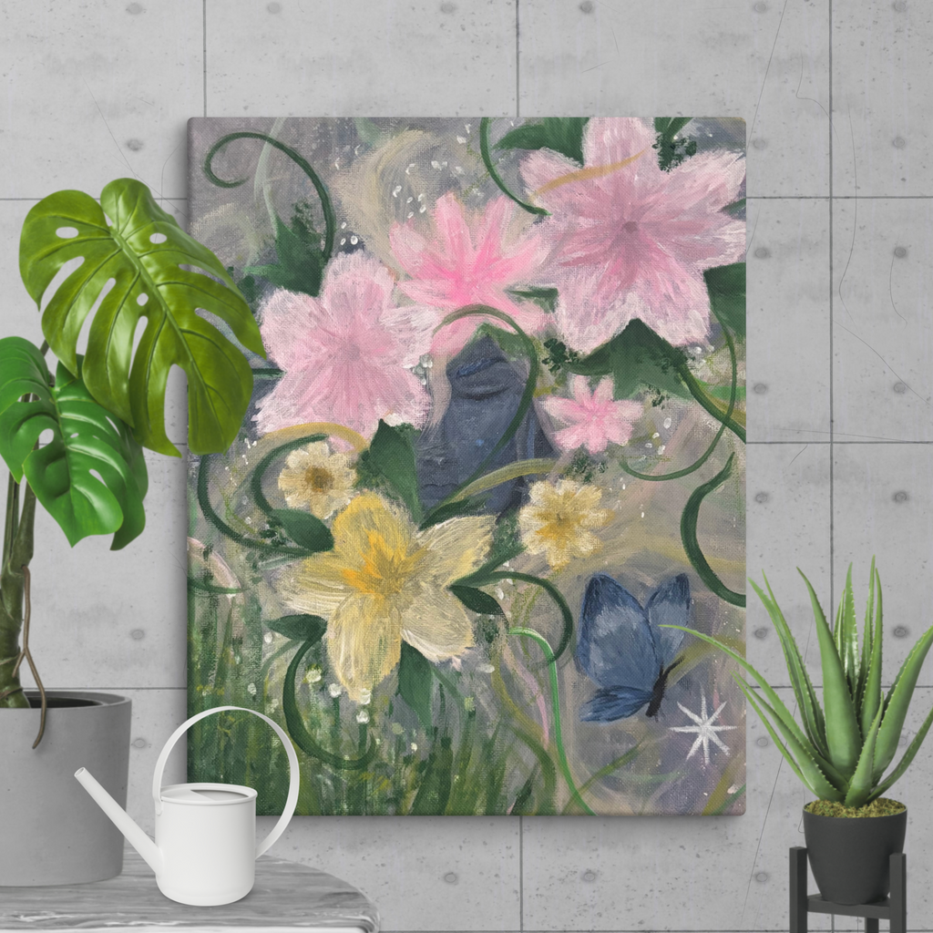 16x20 canvas print titled "Between Petals and Stars" by Petals & Ash Studio, featuring a floral and starry design.