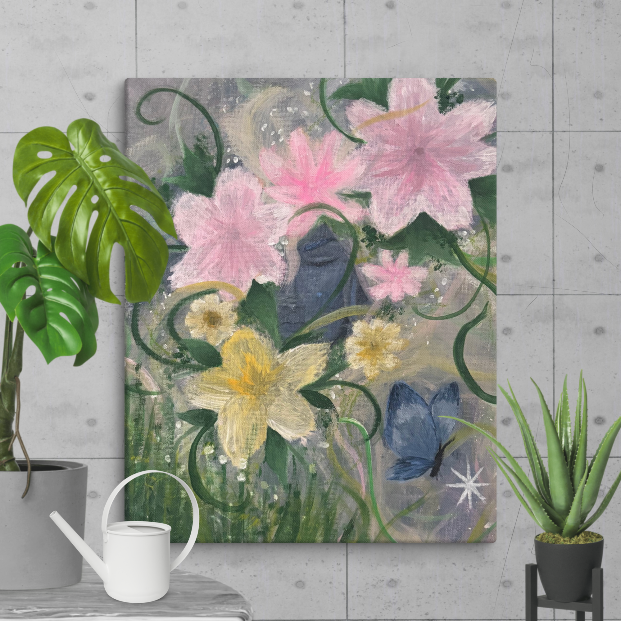 16x20 canvas print titled "Between Petals and Stars" by Petals & Ash Studio, featuring a floral and starry design.