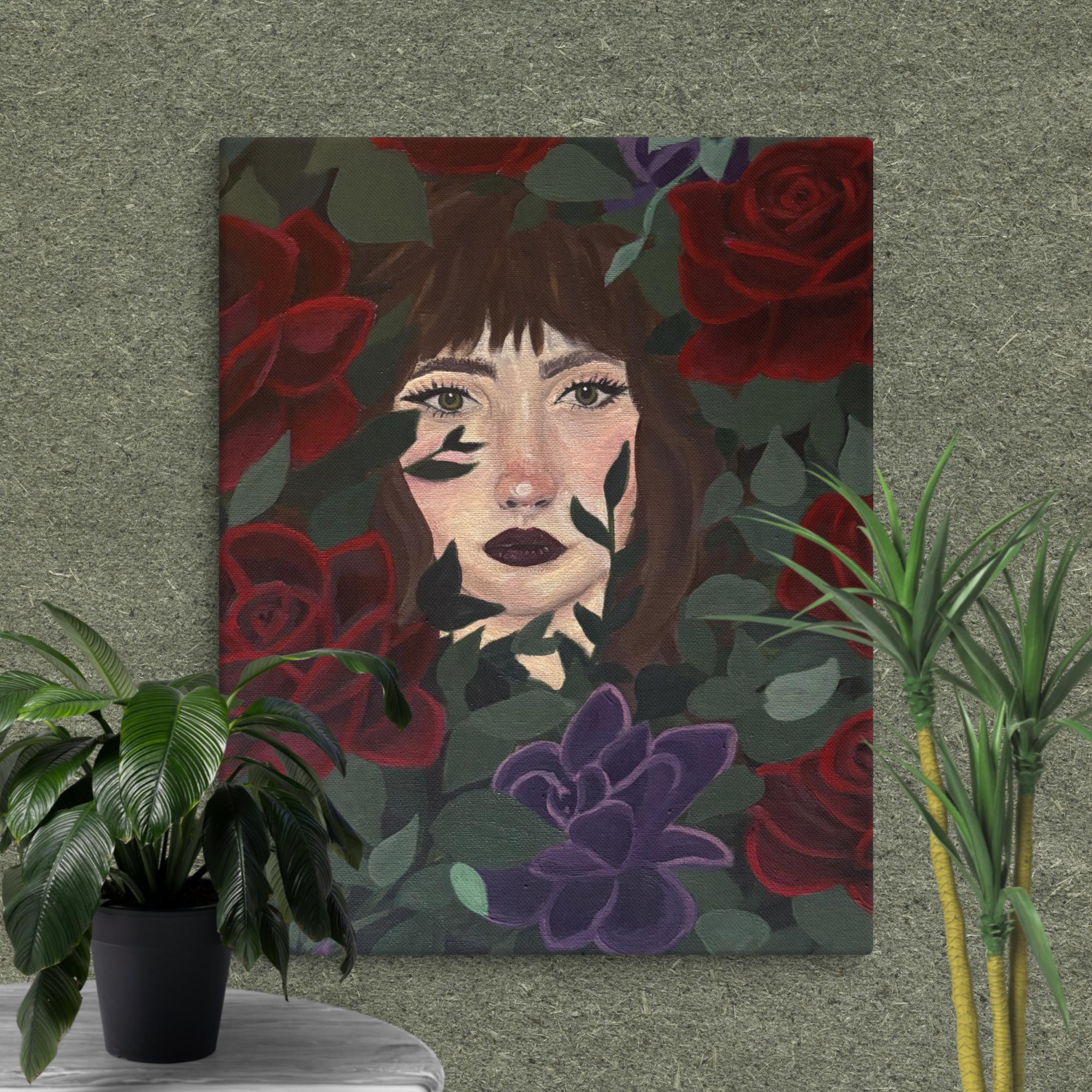 Canvas print of a face in flowers by Petals & Ash Studio, featuring vibrant floral artwork on a 16x20-inch canvas.